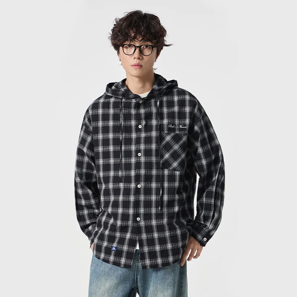 Unisex Oversize Shirt Men Women Streetwear Fashion Embroidery Plus Size Loose Casual Long Sleeve Plaid Hooded Shirts Cardigan