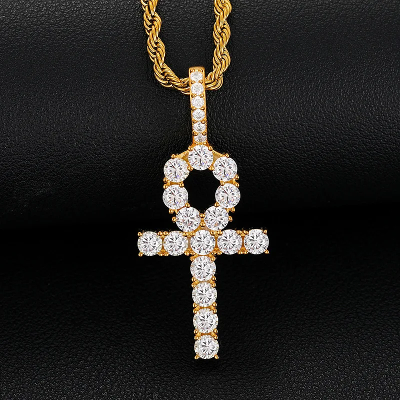 

European and American cross-border S925 sterling silver moissanite Anhe key cross pendant hip-hop necklace accessories, one pie