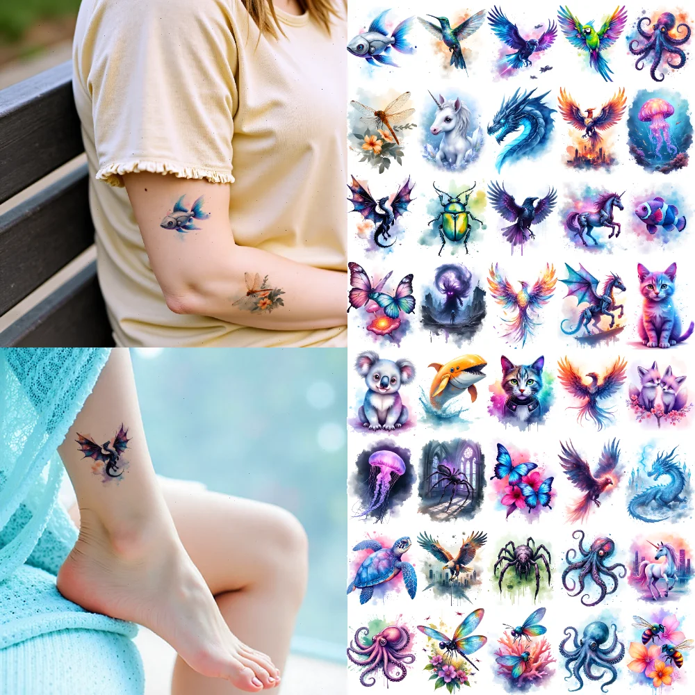 

28 шт., временные татуировки с животными, временные татуировки, наклейки, морская жизнь, птицы, акварельные мифические существа для плеч