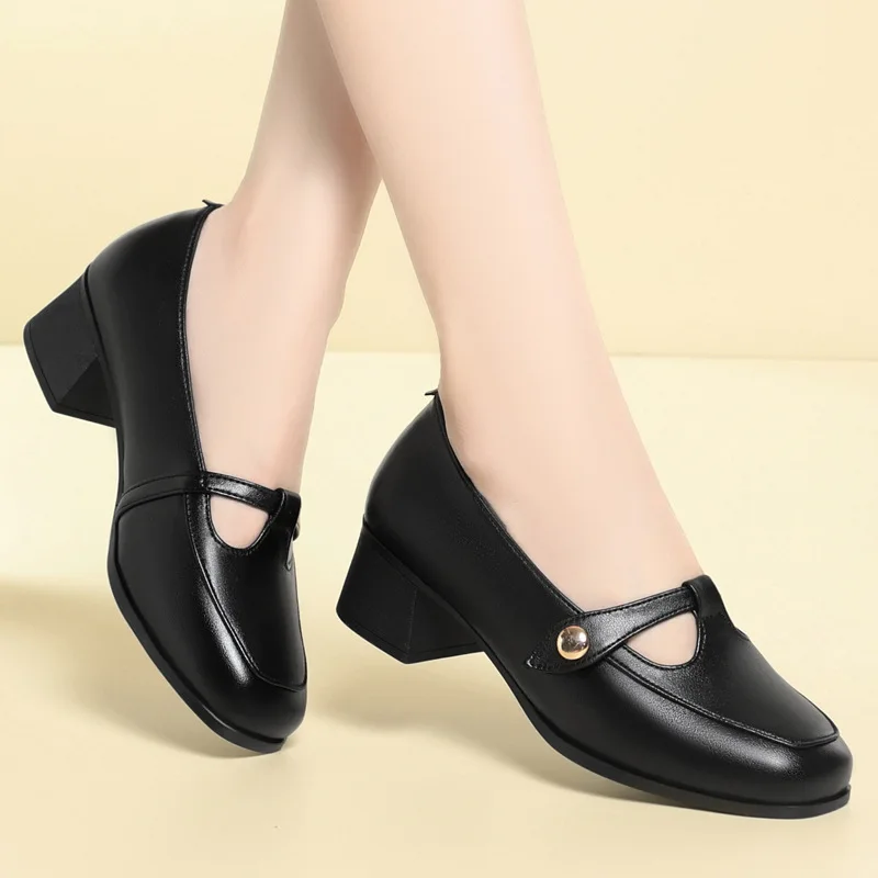 

4cm Hot Sale New Shallow Breathable Genuine Leather Shoes Women Mary Janes 2025 Fall Block Heels Shoes for Work Mom Office Daily