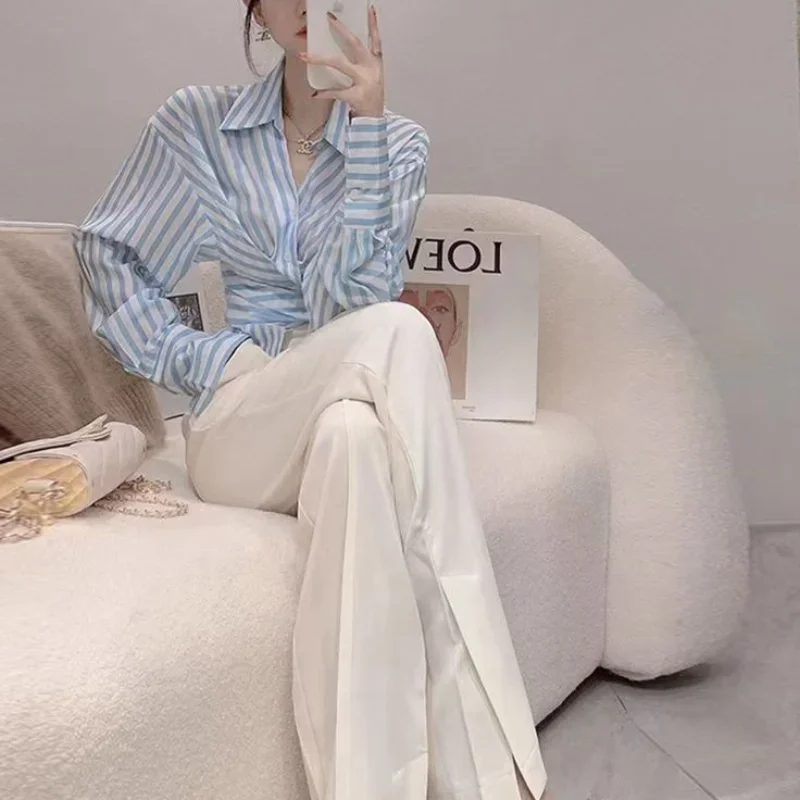 Women's Pants Two Piece Set Holiday Outfits Ladies Trouser Shirt Blue Blouse and Spring Autumn Stripe Aesthetic Groups of Co Ord