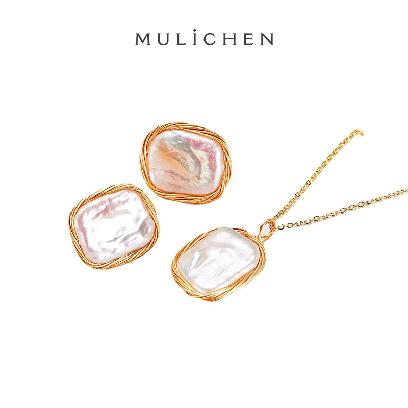 

MULICHEN Baroque Freshwater Pearl 2 Set Jewelry Party Necklace + Stud Earrings S925 Silver Needle Jewelry Plated With 14K Gold