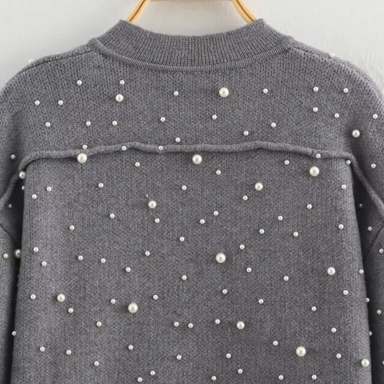 معطف Jaet محبوك مزين باللؤلؤ من Faionable للنساء ملابس خارجية للخريف وصل حديثًا من Ele European Sle Poly...