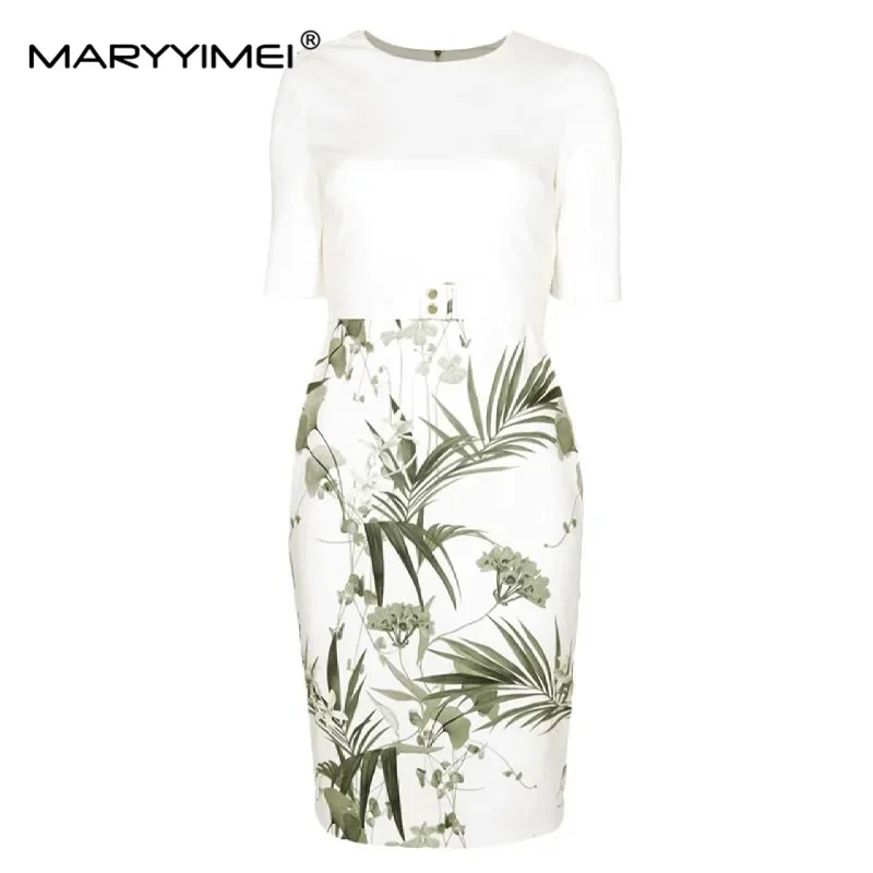 

MARYYIMEI Fashion Designer Summer Women's dress Short sleeved Floral-Print Slim Lace up Commuter Pencil Dresses