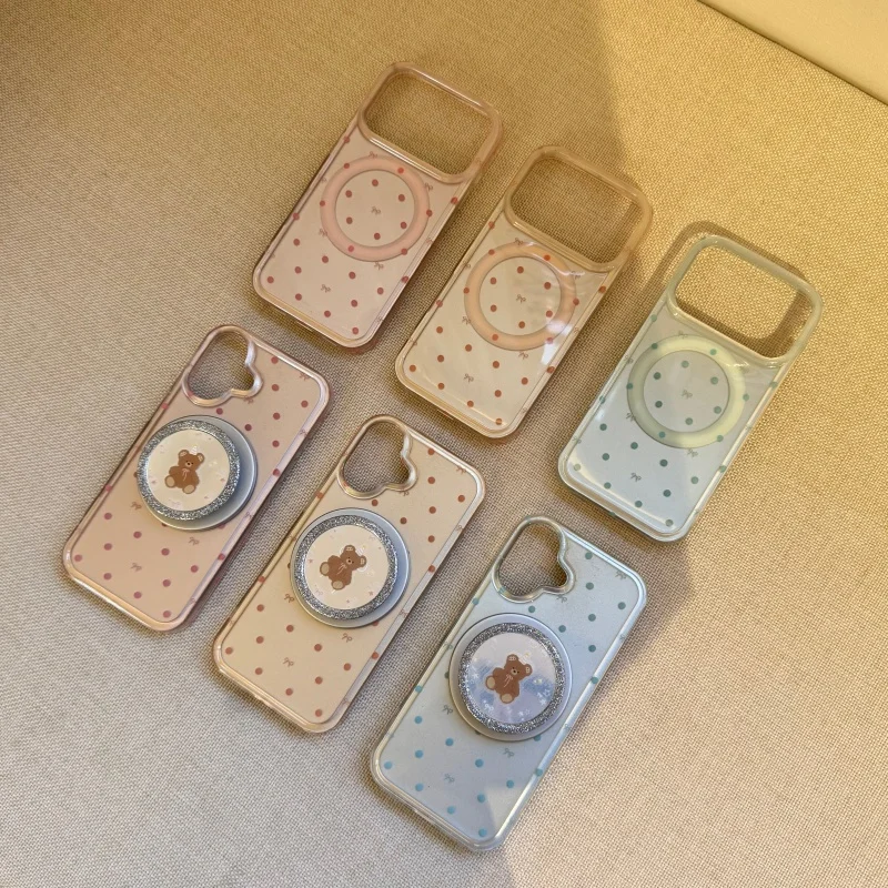 

Fashion Polka Dot Bowknot Cute Magnetic Phone Case For iPhone 17 Pro 16 15 14 Pro Max Cover with Mirror Bear Stand Cartoon Cases