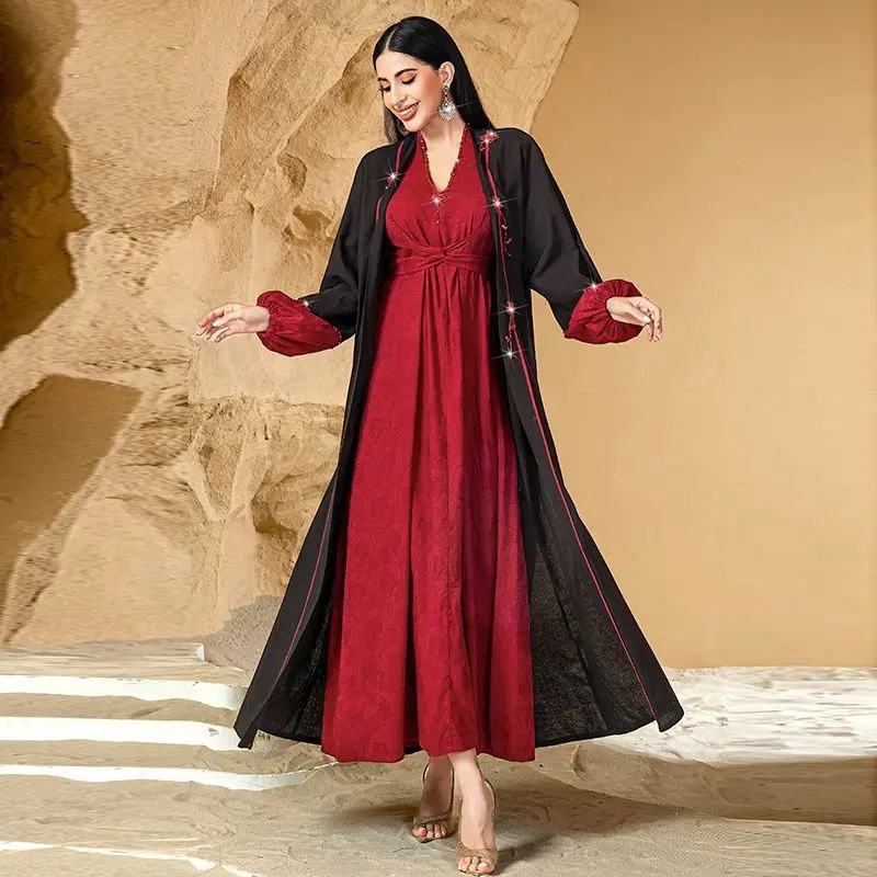 

Женская одежда из Саудовской Аравии, комплект из двух предметов с розой, платье, кардиган, пальто, дрель для ручного шитья, роскошный малазийский халат