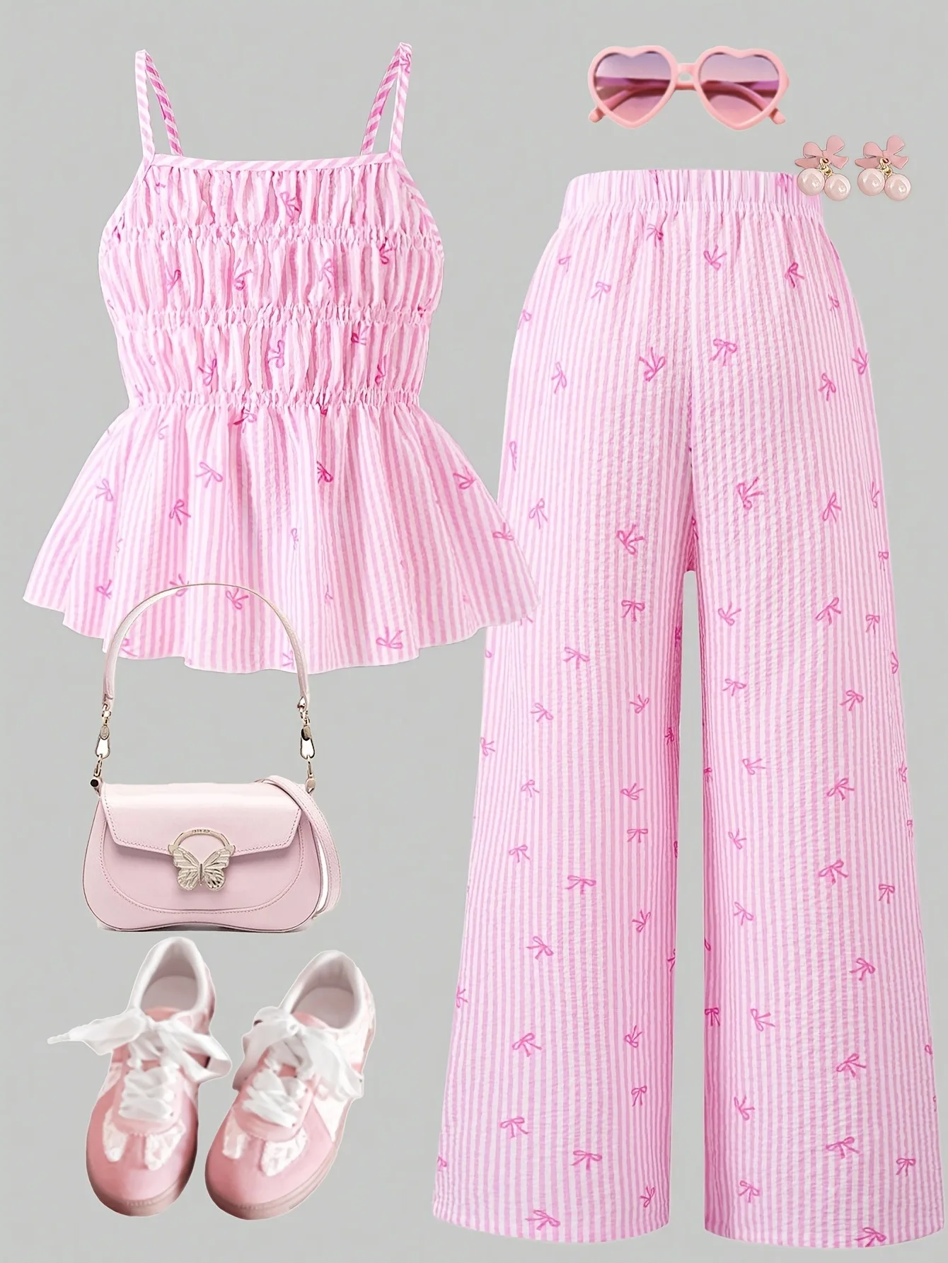 Kids Girls Two Piece Summer Clothes, Bow Striped Smocked Camisole + Breathable Wide Leg Pants Daily Holiday Outfit
