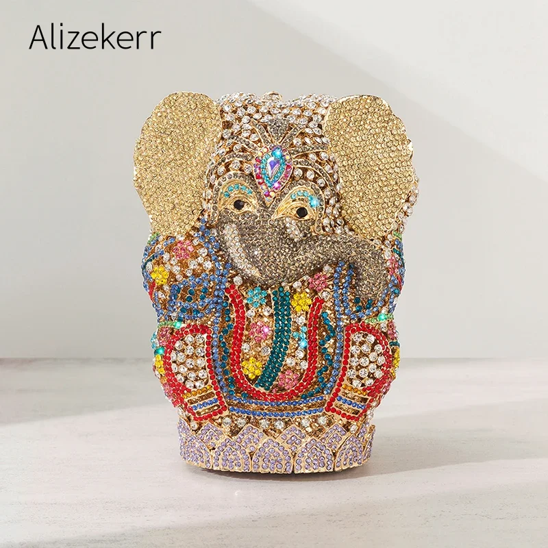 Alizekerr Elephant Shaped Rhinestone Evening Bags Women Luxury Designer Gorgeous Multicolour Crystal Metal Purses Wedding Party