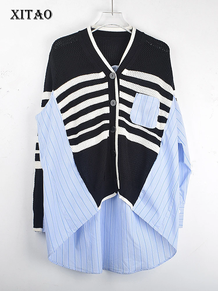 

XITAO Knitting Patchwork Sweater Cardigan Fashion Casual Loose Contrast Color Striped Women 2024 Spring Winter All-match LDD2230