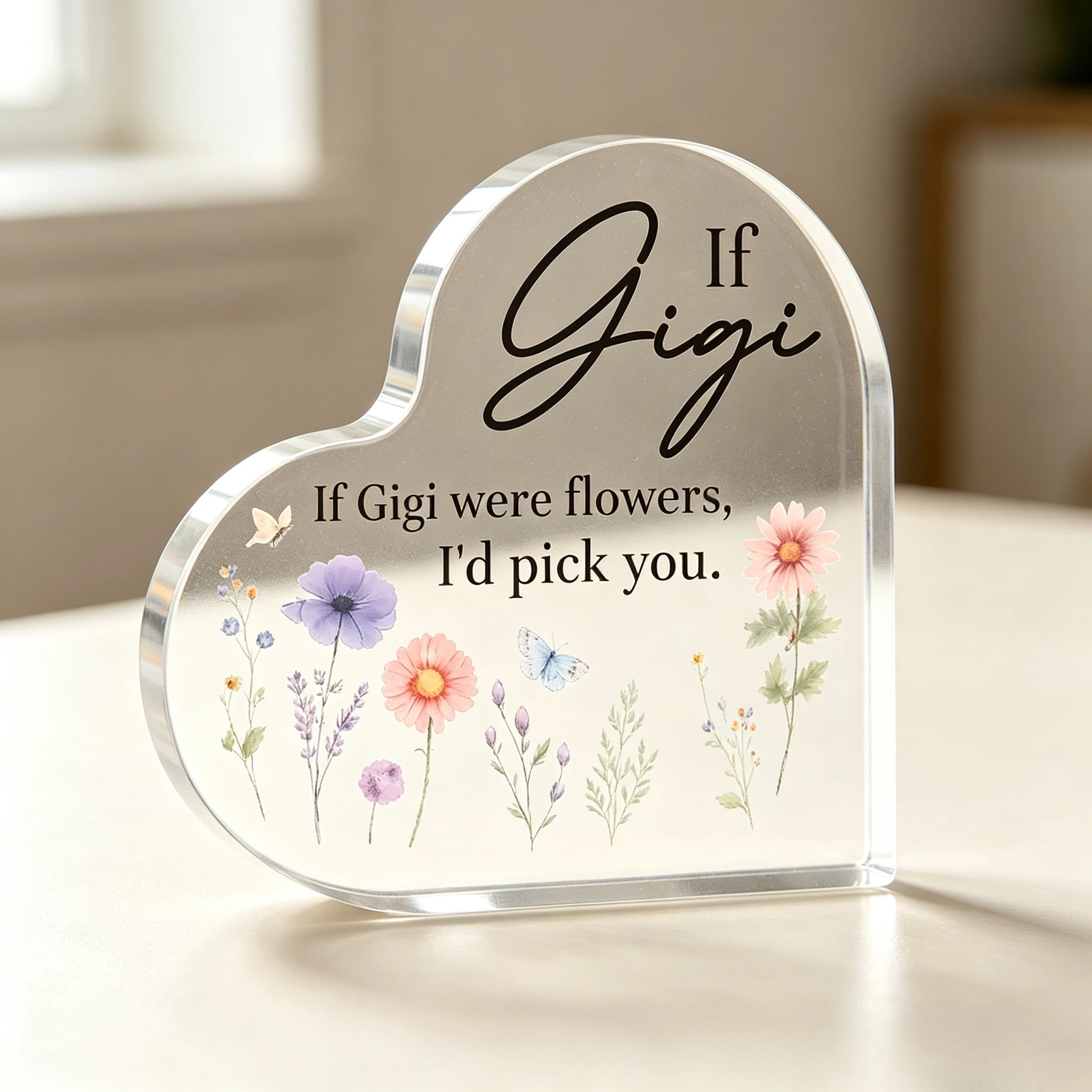 Personalized Heart‑Shaped Acrylic Plaque Custom Name Watercolor Wildflower Butterfly Keepsake Desk Decor Sign Sentimental Quote Gift For Grandma Gigi Mother’s Day Birthday