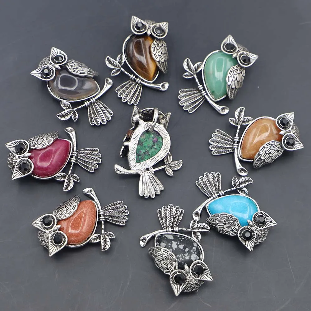 Fashion Natural Stone Vintage Copper Plated Owl Necklace Pendants Cute Onyx Opal For Jewelry Making Wholesale 8Pcs Free Shipping