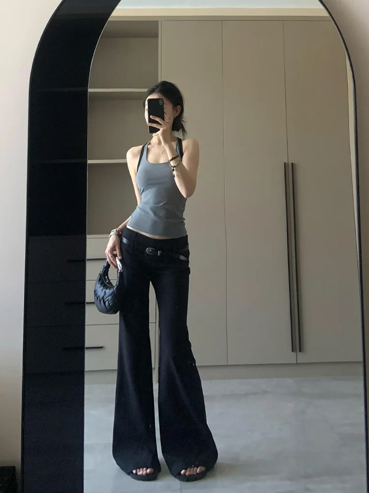 Taille basse jambe large costume pantalon femmes automne hiver Faion mince droite longueur de plancher pantalon haute rue Sle pantalons décontractés