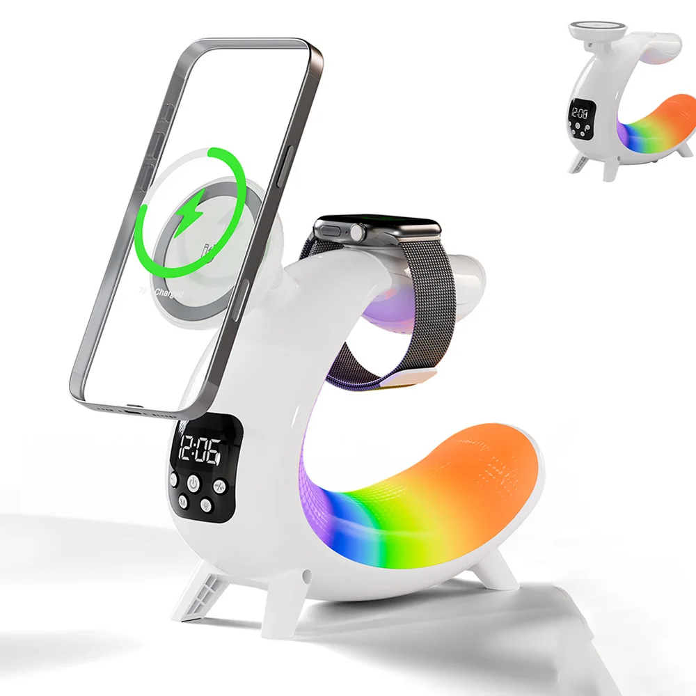 

Магнитное беспроводное зарядное устройство 6 в 1, многофункциональная подставка, динамик, Bluetooth-часы, красочные ночники для iPhone 17, 16, 15, Samsung