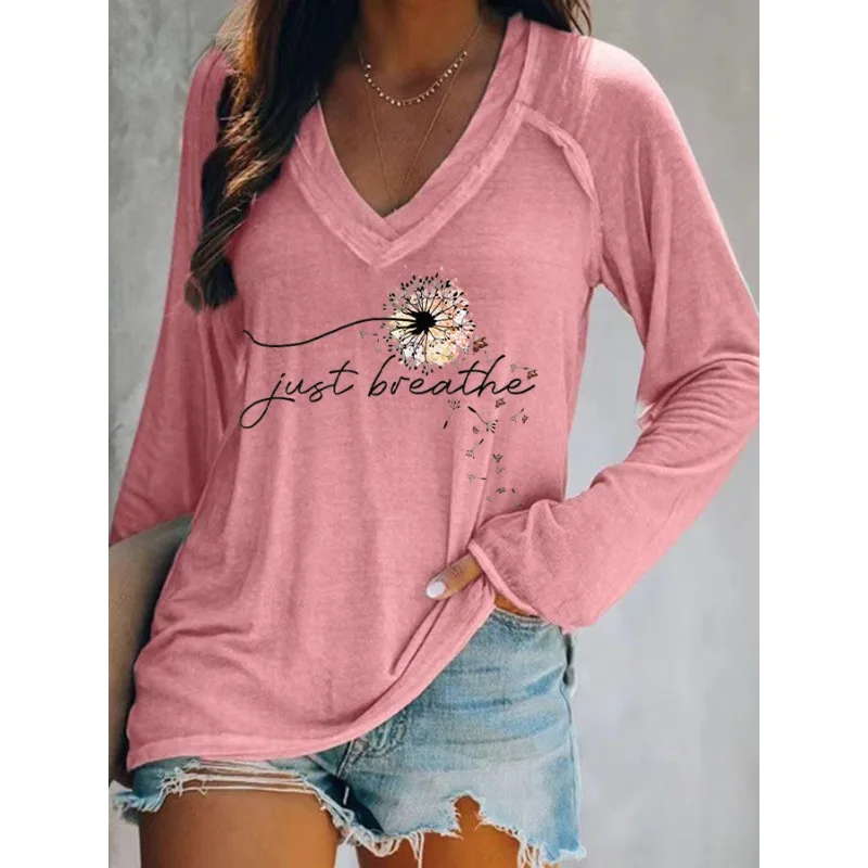 ilstile Women's Just Breathe Flower Print T-Shirts Spring Summer Long Sleeve Casual Loose V Neck Tops Tees NEW