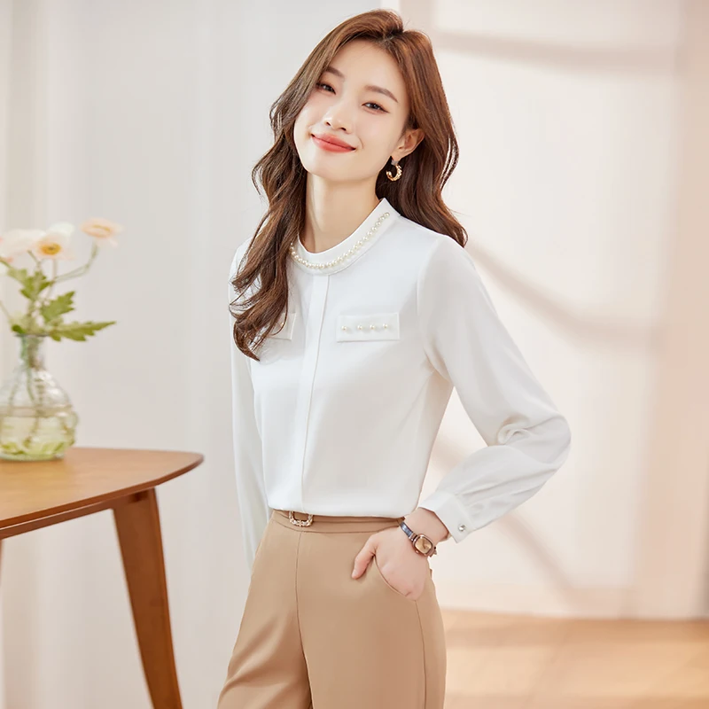 NAVIU Green Shirt Women New Autumn Embroidered Flares Stand Collar Chiffon Blouses Office Lady Work Tops White