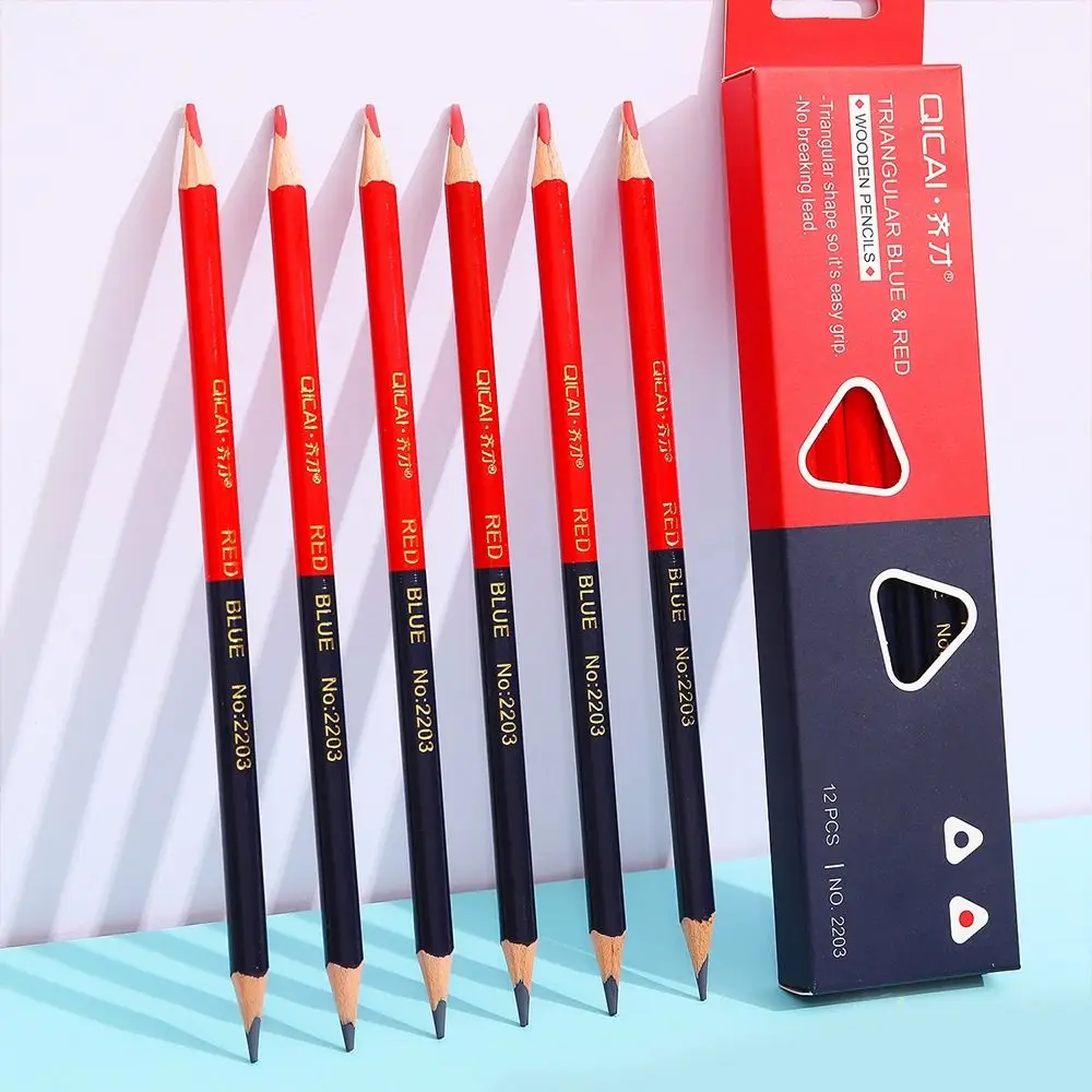 ชุดดินสอไม้เขียน 12 ชิ้น/ชุด สีแดงและน้ำเงิน หัวคู่ สำหรับวาดเขียน 2B ไส้ดินสอนุ่ม อุปกรณ์มาร์คเกอร์ สำหรับงานก่อสร้าง