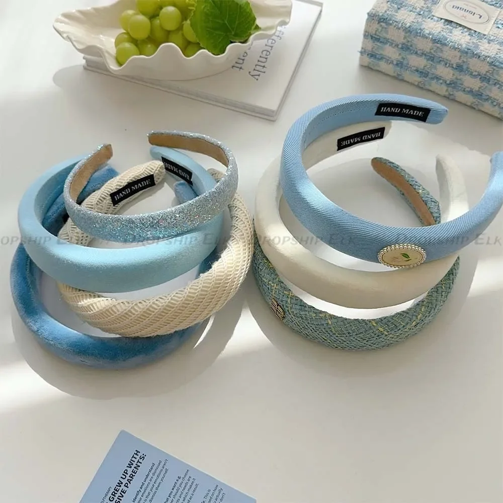 New Korean Style Sponge Headband for Women Elegant Gold Label Blue Wide Brimmed Hair Band Fashion Girl Face Wash Hair Hoop