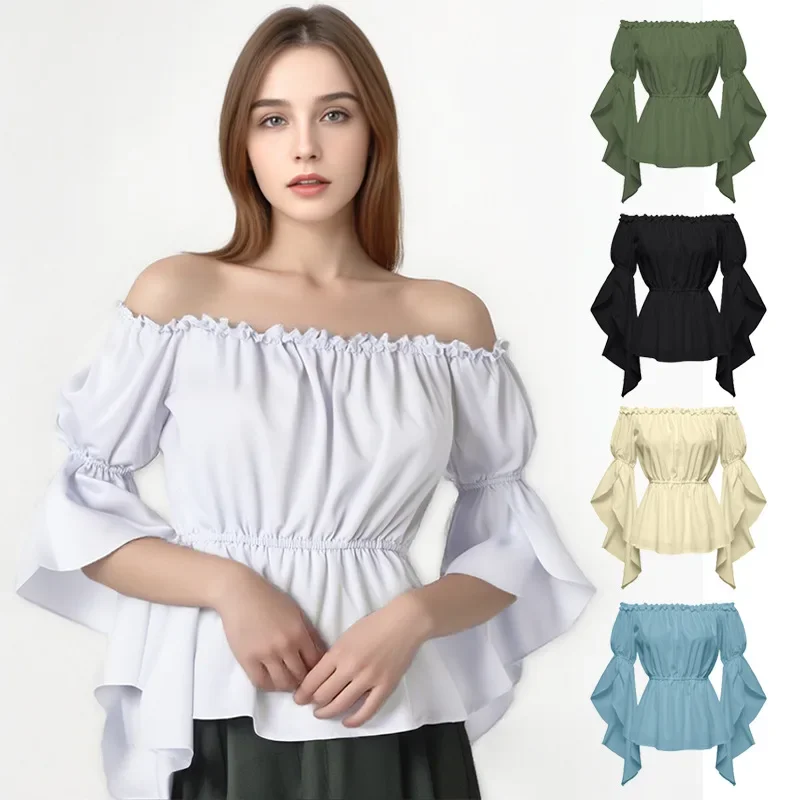 Women Renaissance Blouse Peasant Off Shoulder Sleeves Shirt Boho Steampunk Pirate Vintage Medieval Cosplay Costume Corset Top
