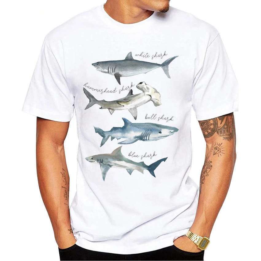 Harajuku Design Great White Shark And Hammerhead Shark Species T-Shirt Fashion Men T-shirts Whales Print Hipster Tops Man Tee