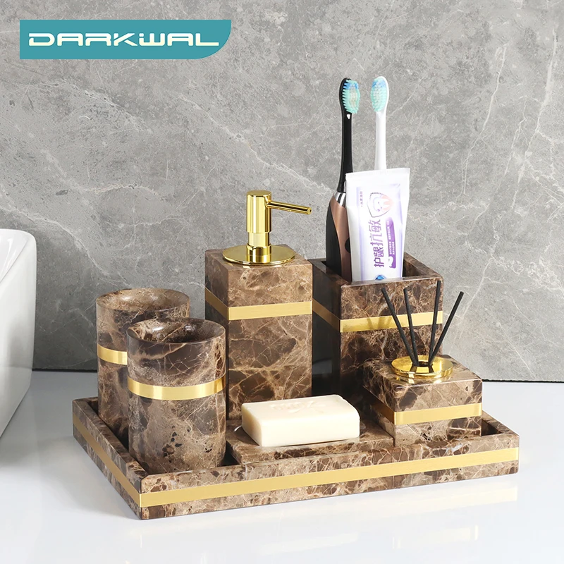 Emperador Dark Natural Marble Bathroom Accessories Luxury Golden Cotton Swabs Container Soap Dispenser Set for Bathroom