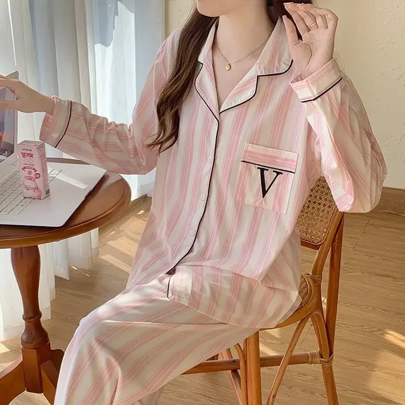 Pijamas Women Long-sleeved Pajamas Women's Autumn Winter Sleepwear New Simple Striped Loose Large-size Cardigan Loungewear Set