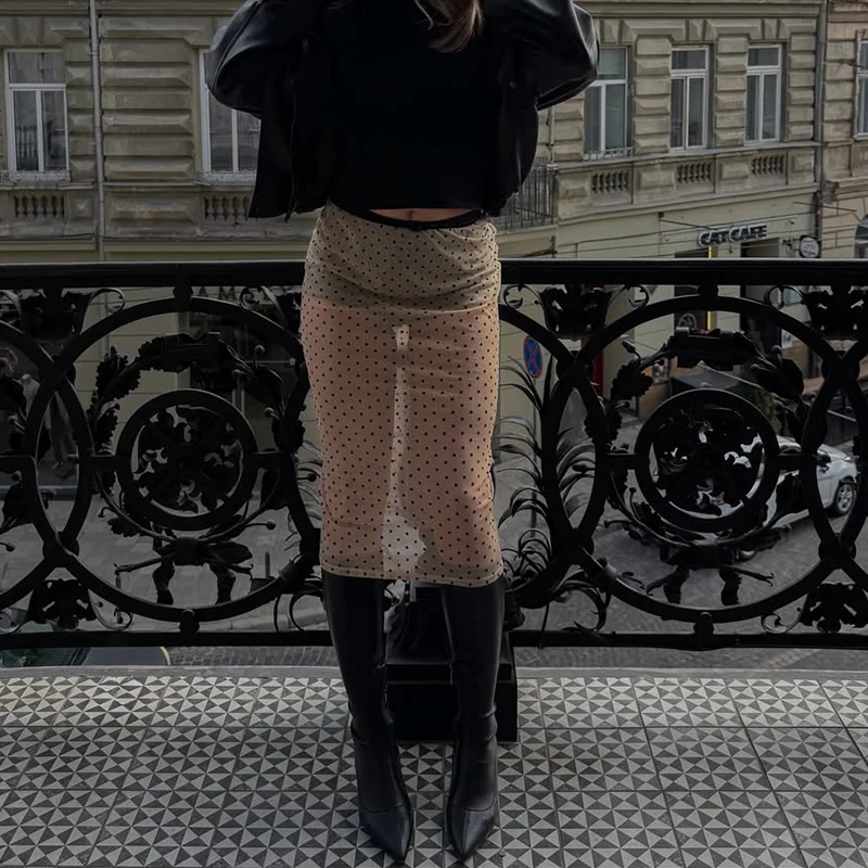 Polka Dot Mesh Midi-Rock für Damen, Y2K, hohe Taille, gerade lange Röcke, Vintage, elegant, Streetwear, sexy, durchsichtige Röcke, Jupe – Detail 6