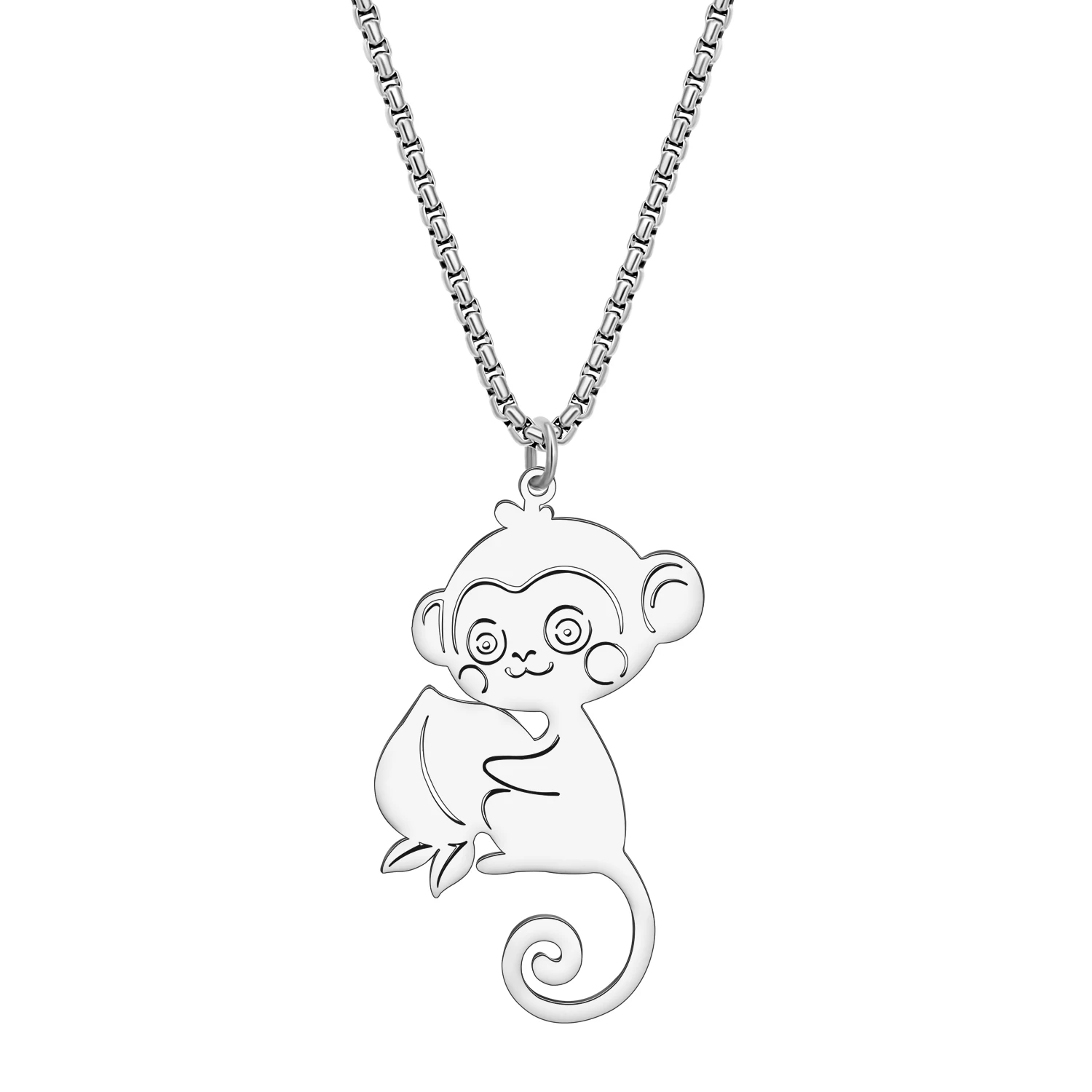 BONSNY Stainless Steel Anime Peach Monkey Necklace Jewelry Cute Animal Pendant For Women Girls Kids Gifts Accessories