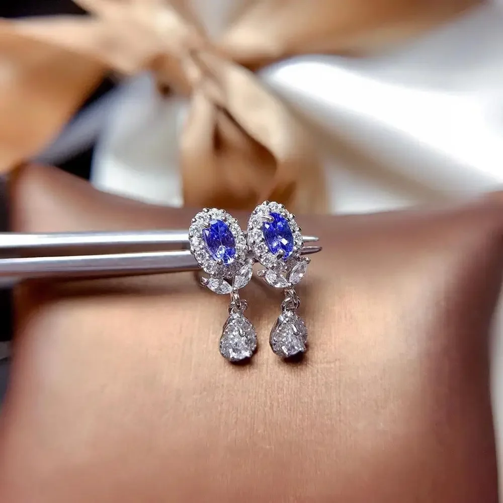 Natural Tanzanite Earrings 925 Silver Center Stone Size 3x5mm Carry Certificate Women's Earrings Gift