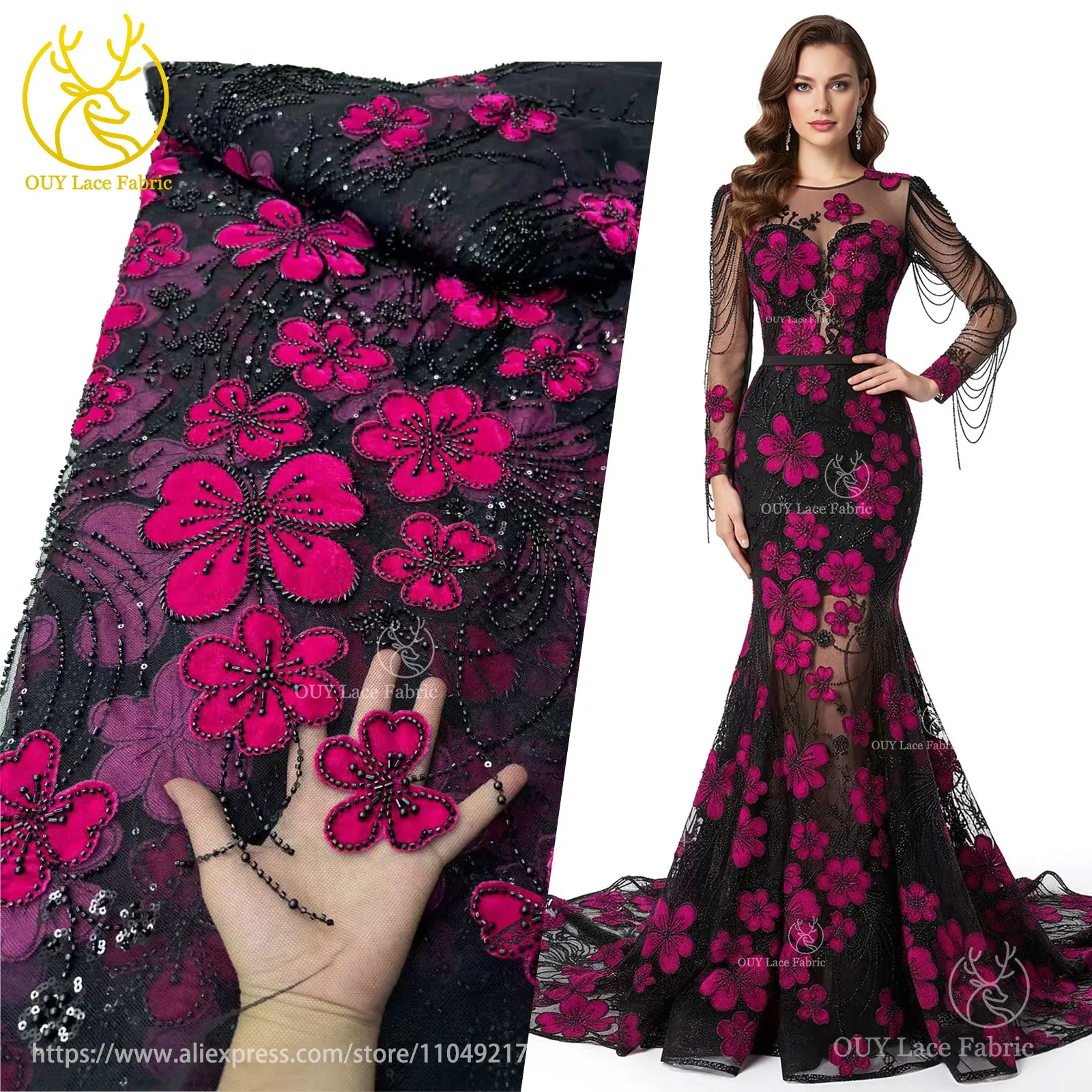 

Velvet Embroidered Flower Sequined Lace Fabric 2026 High-Quality African Beaded Tulle Lace Fabric Wedding Party Dress Sewing