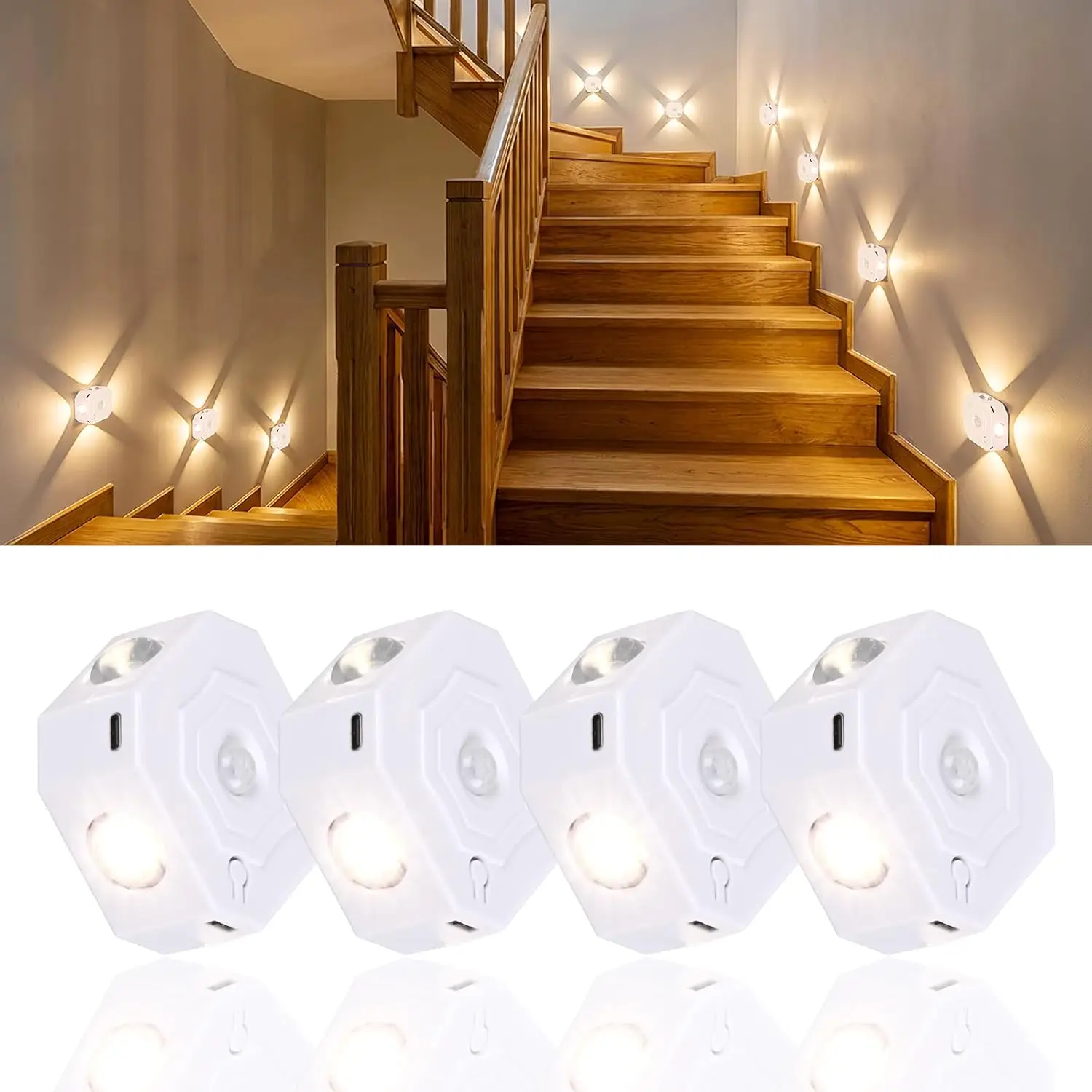 4個セット-ナイトランプ-人感センサー付き-led-3色充電式階段ライト-ワイヤレス磁気式-寝室ベッドサイド装飾用