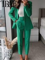 TRAF 2024 Autumn Office Suit With Belt Pants Simple Solid Patch Pockets Long Sleeve Fit Coat Top Trousers 2 Piece Sets Y2K Mujar