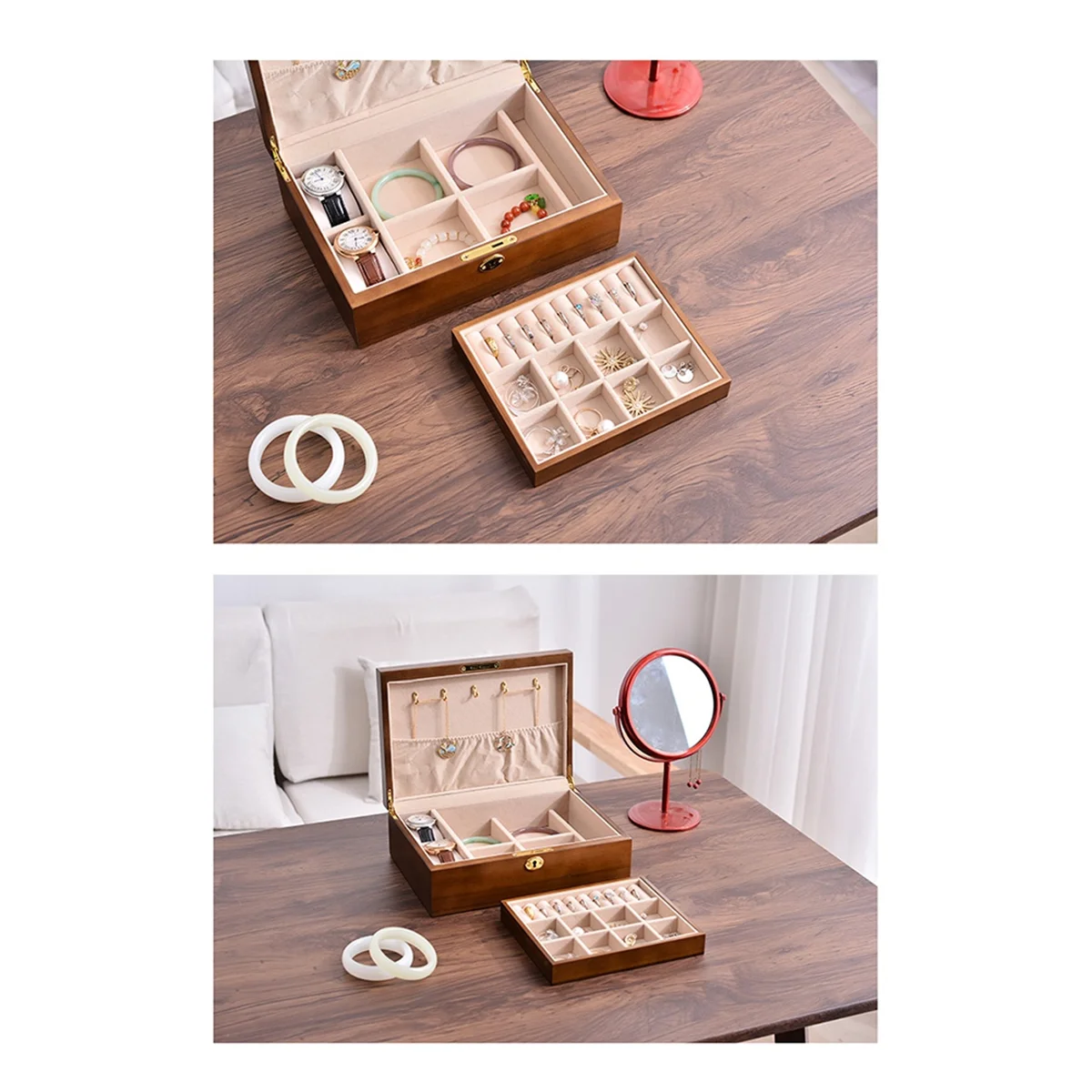 ABQR Деревянная винтажная шкатулка для хранения ювелирных изделий с запирающейся крышкой, шкатулка для драгоценностей из цельного дерева с откидной крышкой, большая вместимость, ящик для хранения с отделением