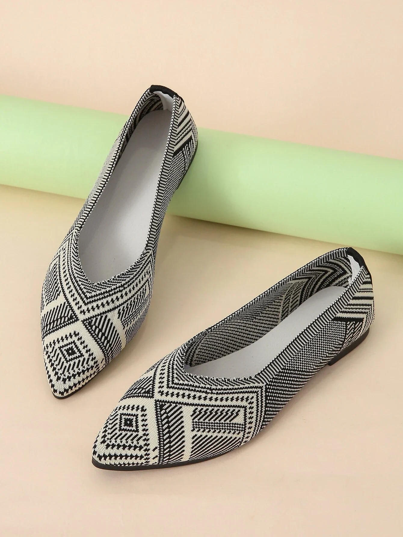 Geometric Pattern Two Tone Point Toe Ballet Flats, Black And White Elegant Geometric Pattern Ballet Shoes Laser Laser