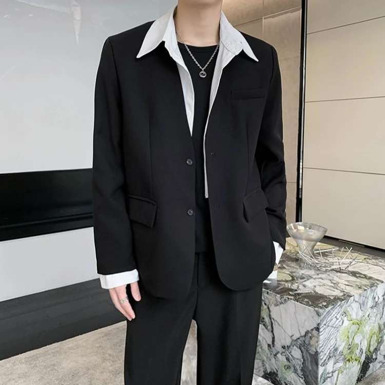 Men's Casual Two Piece Suit Relaxed Fit Solid Color Blazer with Shirt Collar Simple Korean Style Business Leisure Outfit