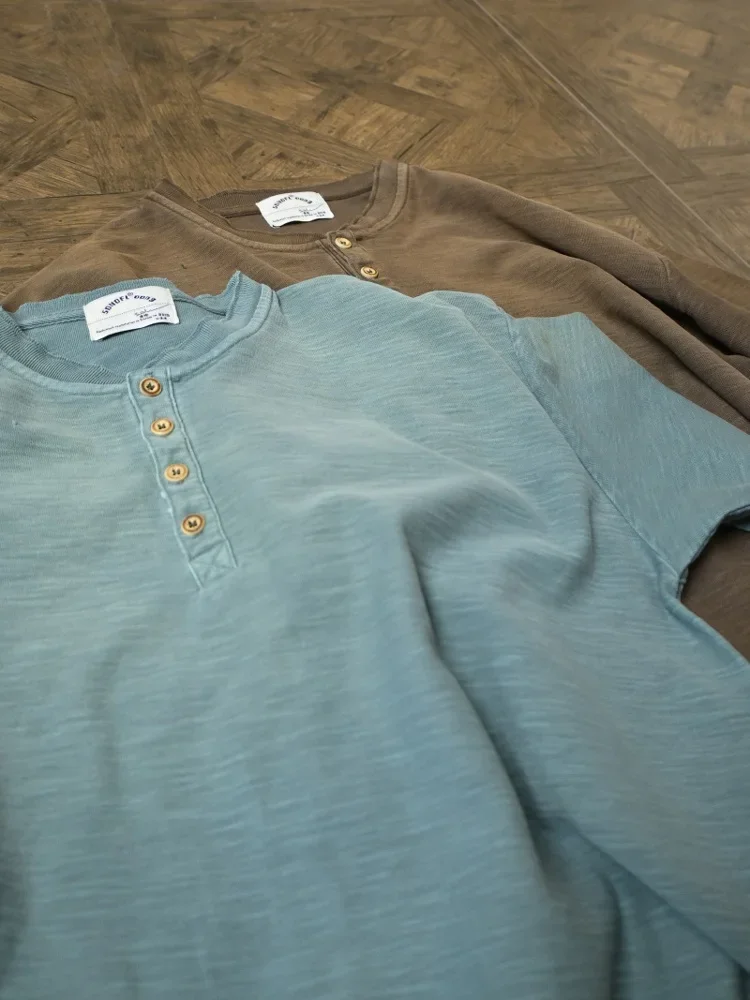 

Vintage American Washed Old Henry Neck Short Sleeve T-Shirt Cotton Loose Half Sleeve Tee