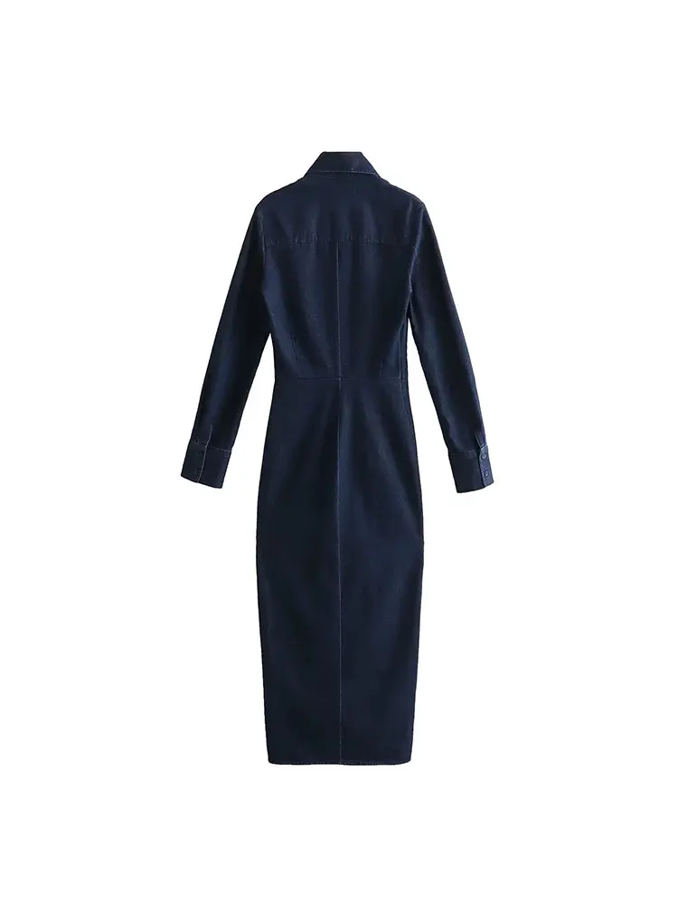 TRAF 2023 Autumn Women's Fashion Denim Dress Long Sleeve Slit Zipper Style Long Dresses Going Out Casual Female Dress Y2K