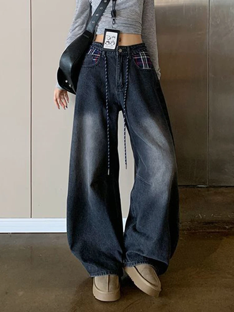 American Vintage Wide Leg Jeans Women Plaid Patchwork Waist Rope Scimitar Denim Pants Autumn Y2K Hottie Loose High Waist Trouser