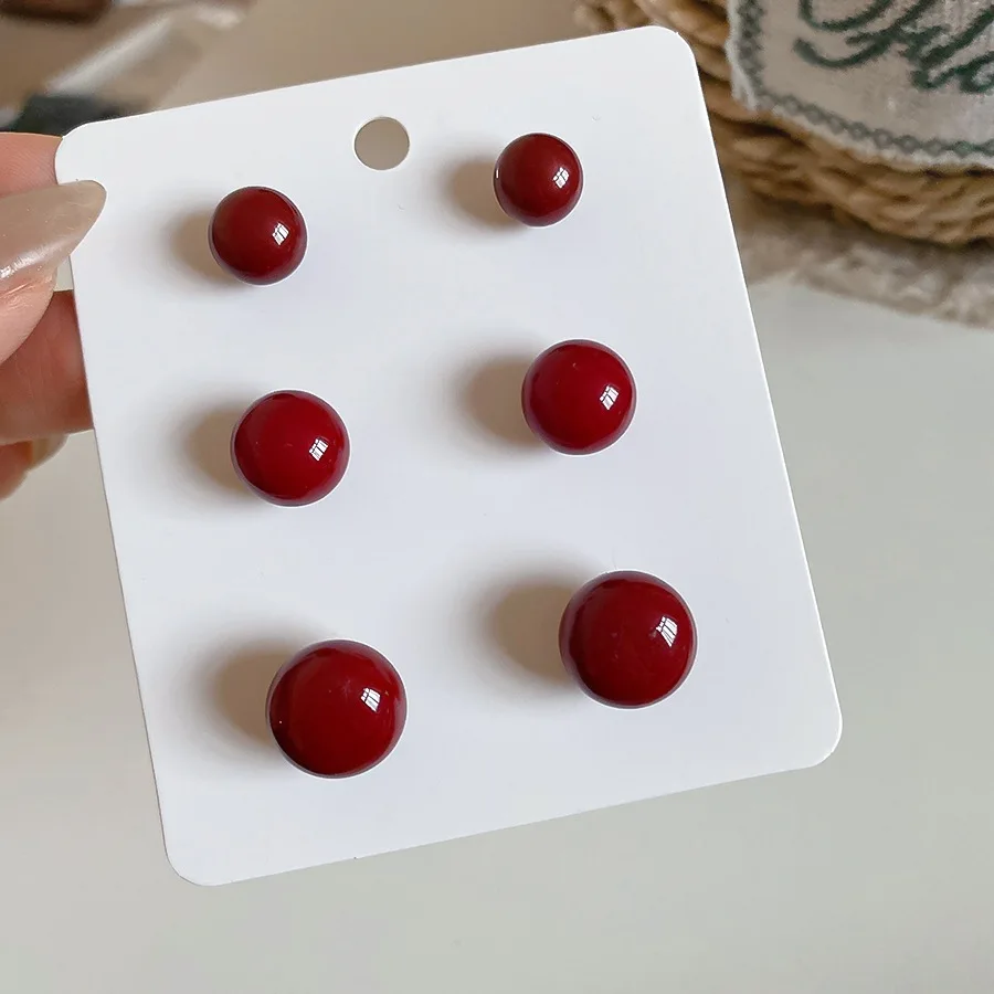 3 Pairs Glossy Wine Red Round Ball Stud Earrings Set Gradient Solid Color Earrings Minimalist Vintage Women Fashion Jewelry