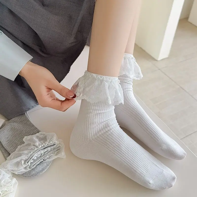 New Women Socks Thin Solid Color Japanese Style Lolita Girl Crew Socks Breathable Fashion Lace Socks Female Sweet Striped Simple