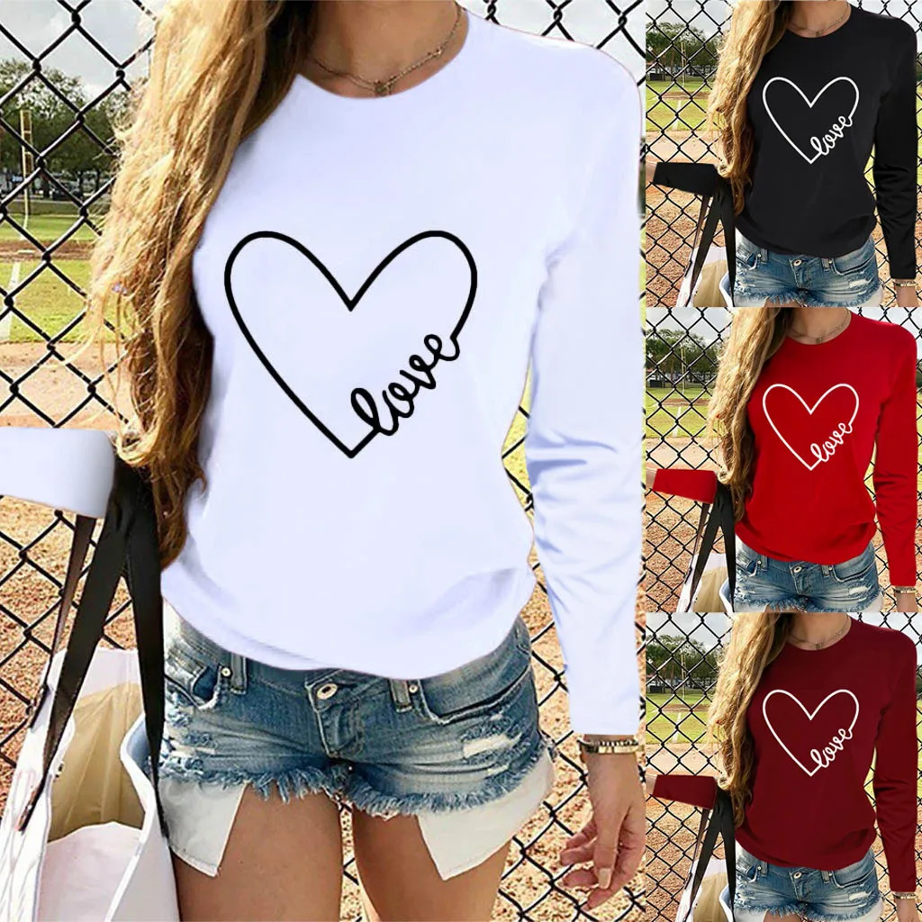 Casual Letter Heart Shaped Printing Women\'s T Shirt Blouses Round Neck Long Sleeve Loose Fashionable Ladies Tee Shirt Tops