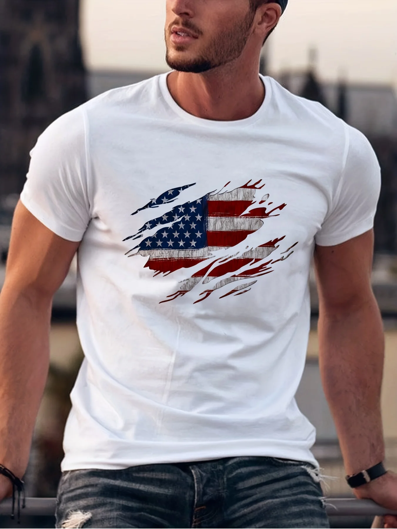 Men\'s Summer Casual Loose Size 100% Cotton Trendy American Flag Pattern Print Round Neck Short Sleeve T-shirt Top