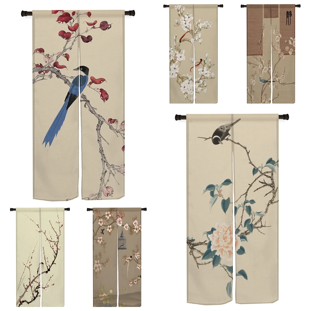 Chinese Style Door Curtain Tradition Ink Painting Bird Flower Magpie Peony Linen Curtain Bedroom Kitchen Home interior Curtains