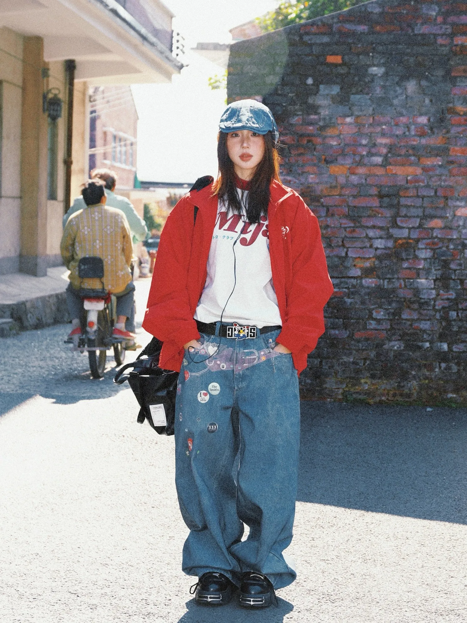 Retro americano carta impressão vermelho workwear jaet ex primavera outono casual solto versátil ins jaet na moda fechamento com zíper