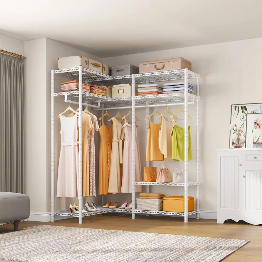 L30 Corner Clothes Rack, L Shaped Heavy Duty Closet System with Adjustable Shelves & Hanging Rods, Freestanding Corner Wardrobe