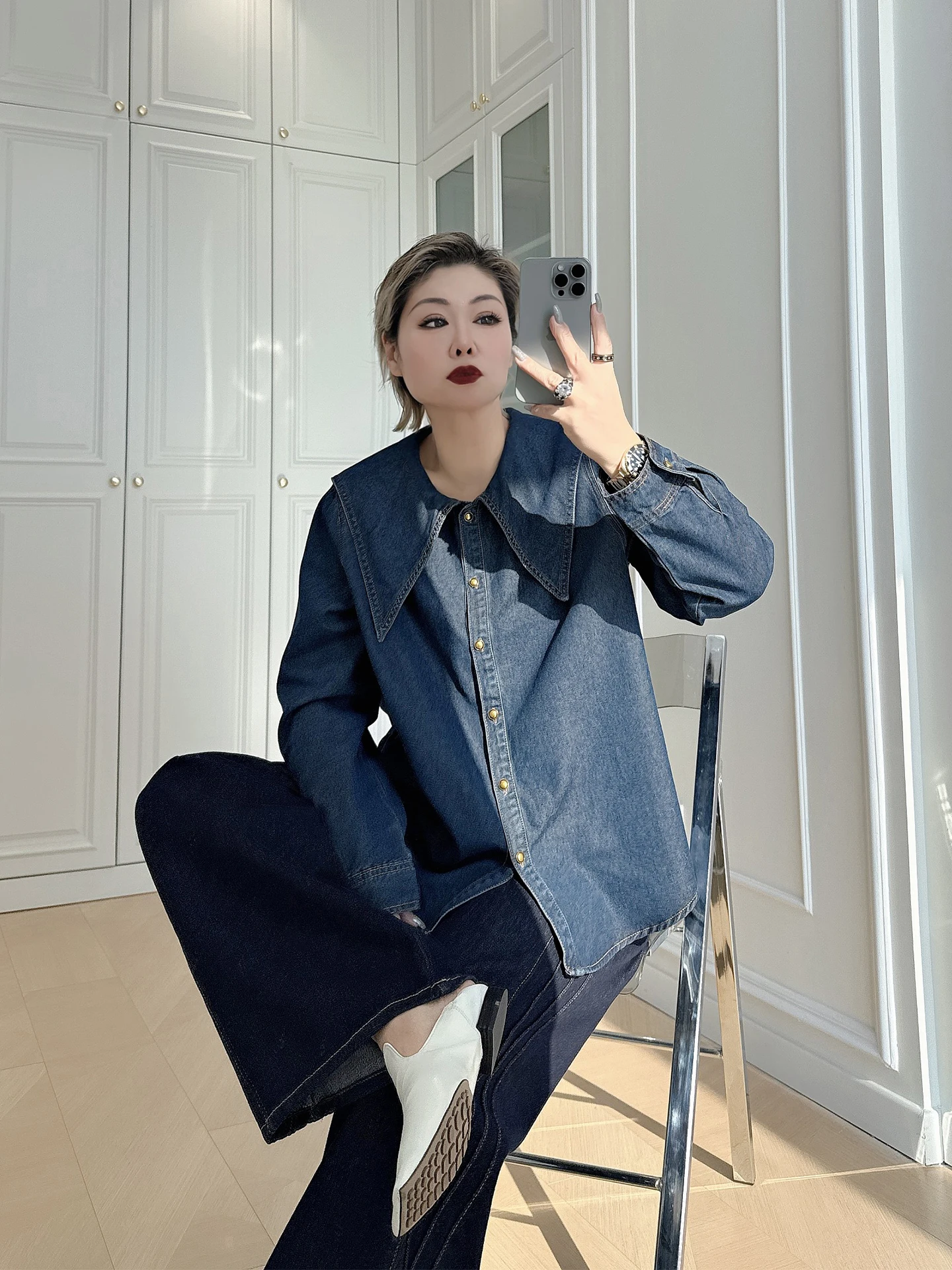 

Casual Sle Loose Fit plus Size Women's Denim irt Naval Collar Ele Casual Faion for Heavy Girls Spring Season