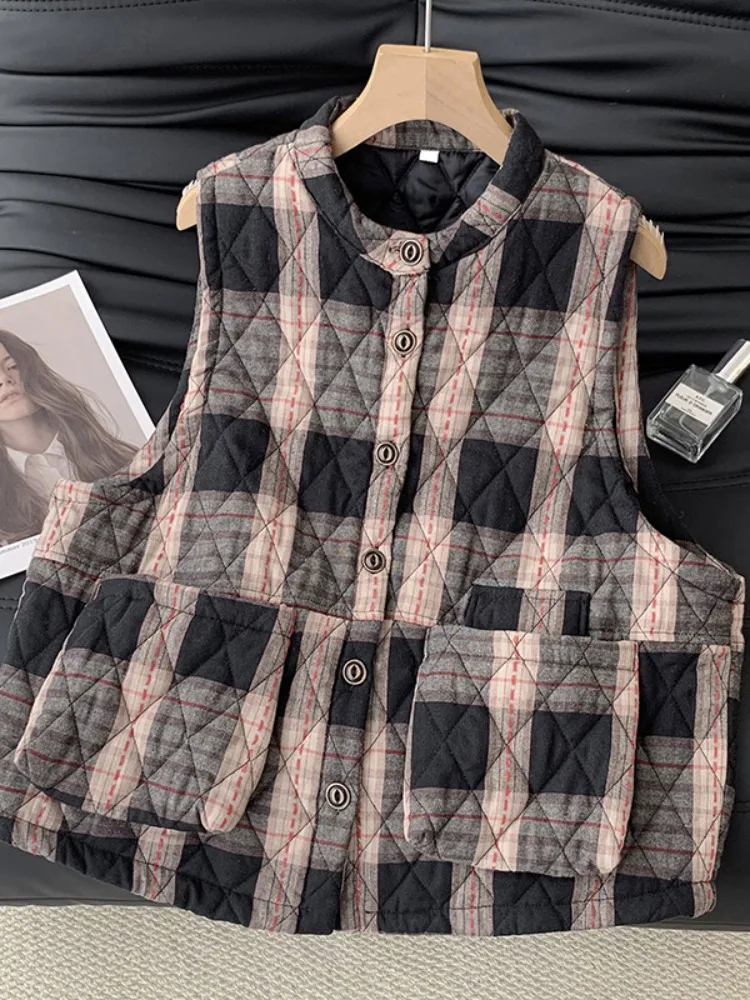 

Retro Cotton Linen Plaid Cotton Filled Vest Women's Winter Outerwear Korean Sle Layered Super Beautiful Jaet