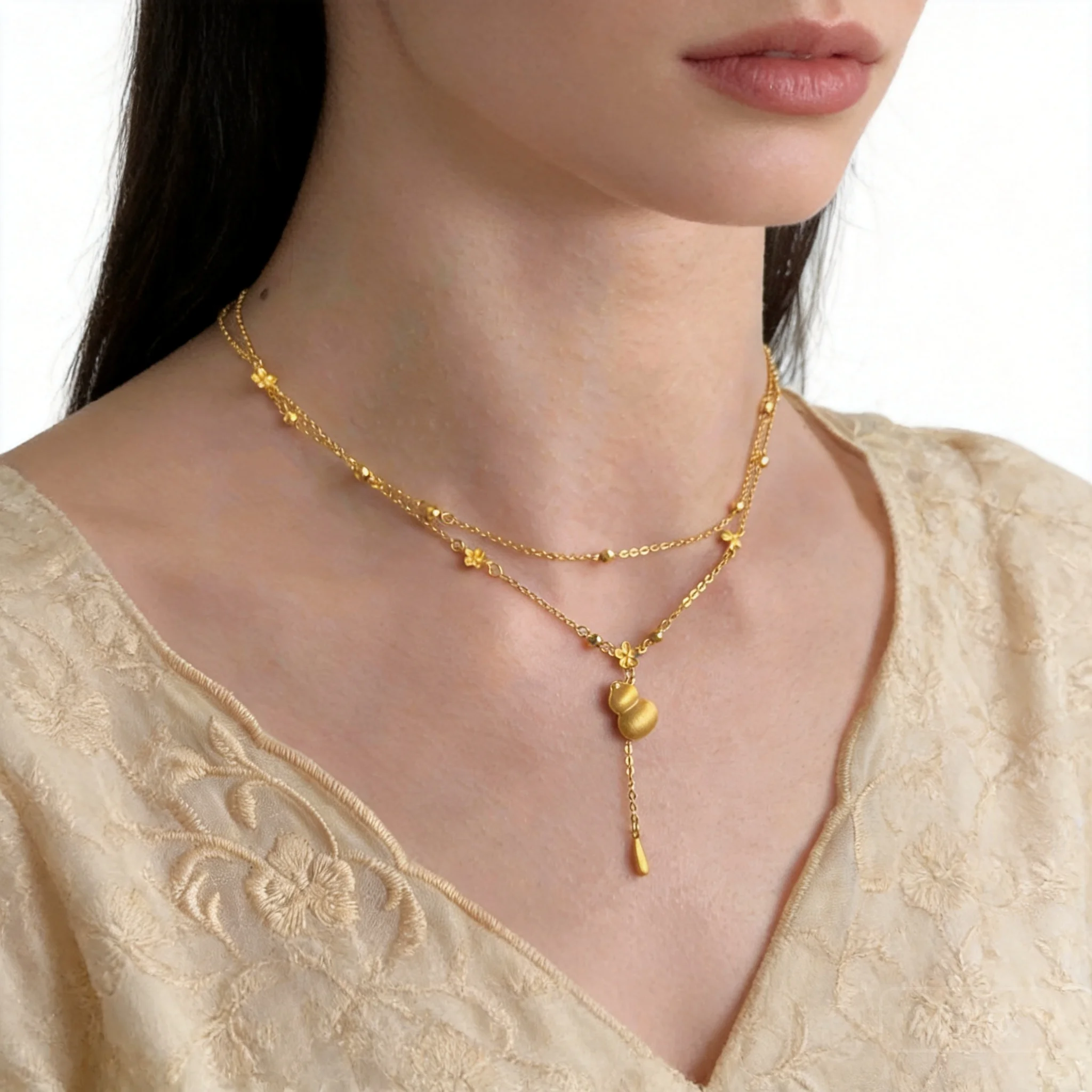 Chinese Style Lucky Gourd Tassel Double Layer Stacked Necklace For Women Gold Plated Floral Brushed Clavicle Chain Auspicious