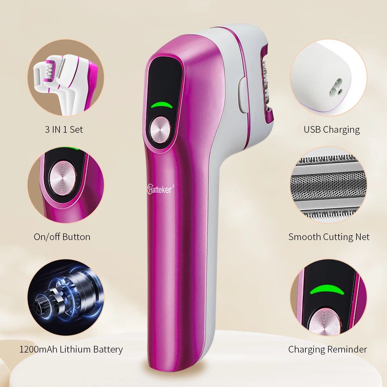 Hatteker Electric Hair Remover for Women Three-in-One Intimate Area Dead Skin And Callus Scraper Foot File Trimmer Depilatory