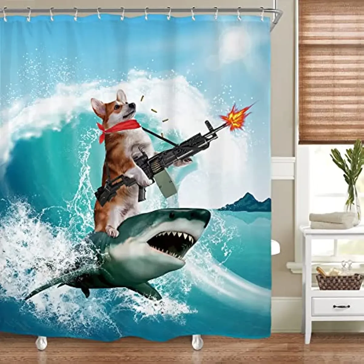 Funny Kids Shower Curtains For Bathroom Decor Corgi Cute Dog Riding Shark Nautical Ocean Boys Animal Hilarious Fabric Polyester