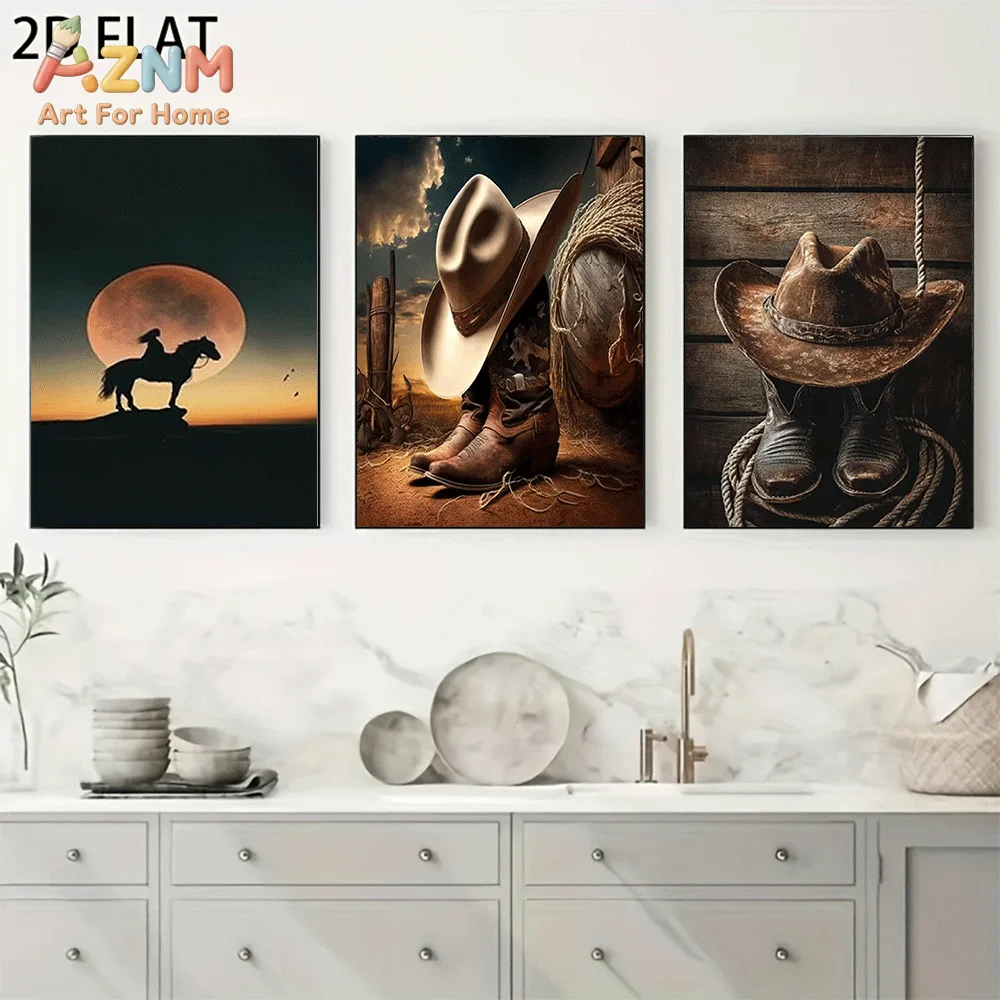 AZNM Frameless Canvas Wall Art, Vintage Western Cowboy Horse Sunset Hat Boot Print, Retro Wild West Country Style Wall Decor for